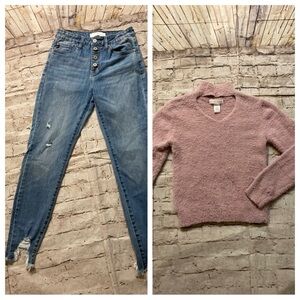 Bundle:  KANCAN distressed skinny denim size 27 & Planet gold  sweater, Size L